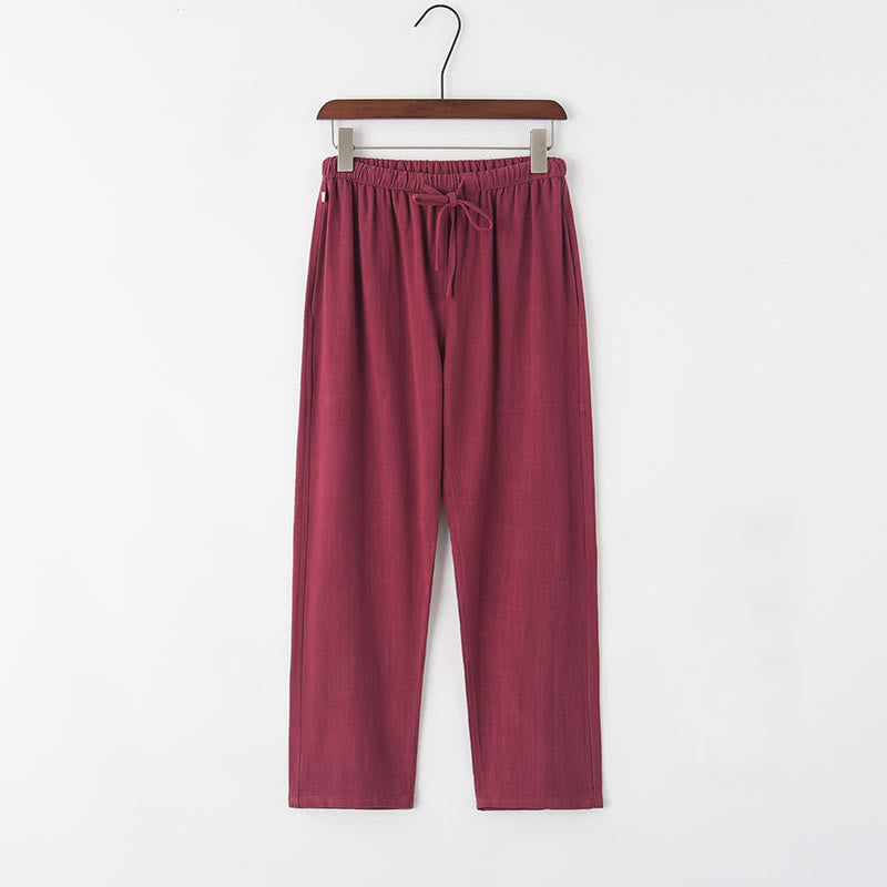 Spring Summer Solid Men's Drawstring Linen Pants With Pockets