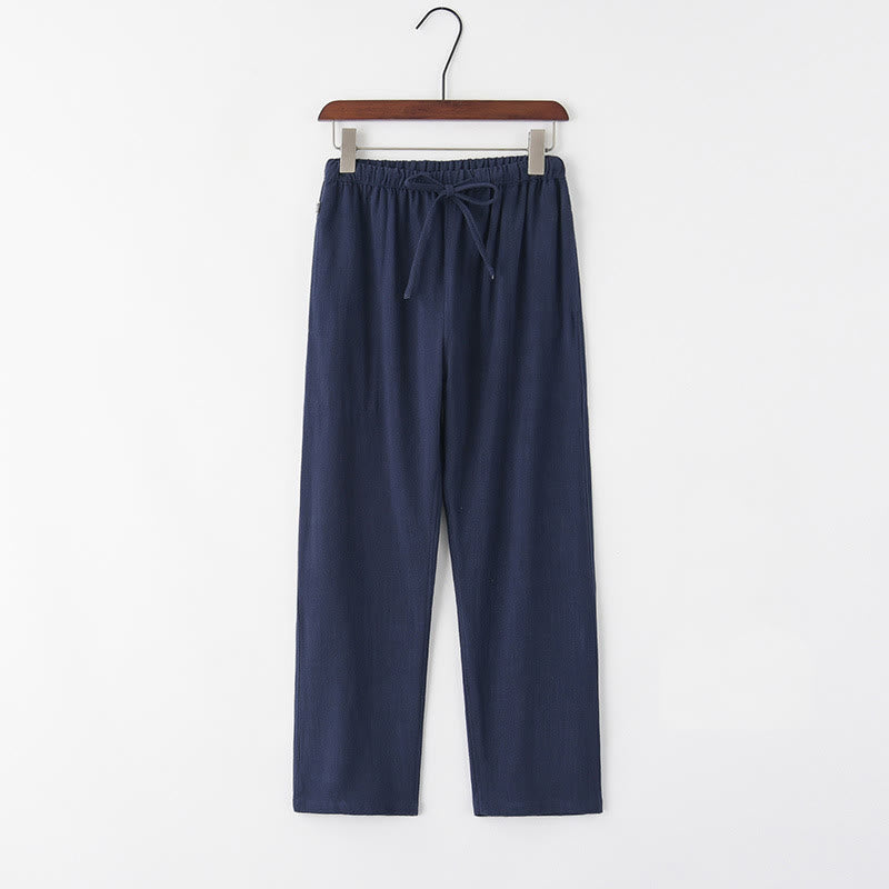 Spring Summer Solid Men's Drawstring Linen Pants With Pockets