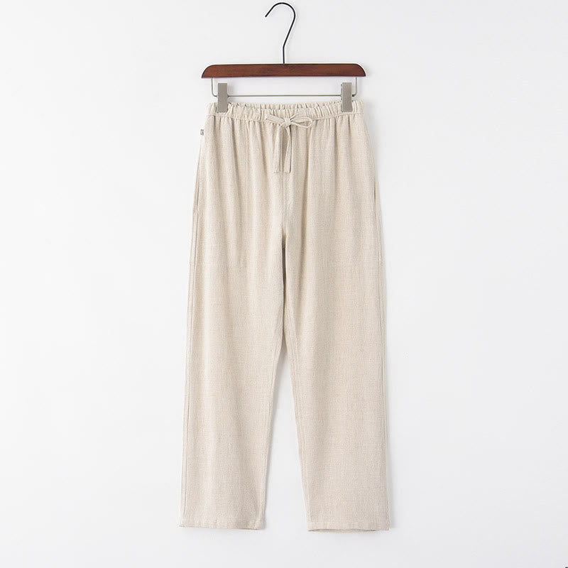 Spring Summer Solid Men's Drawstring Linen Pants With Pockets