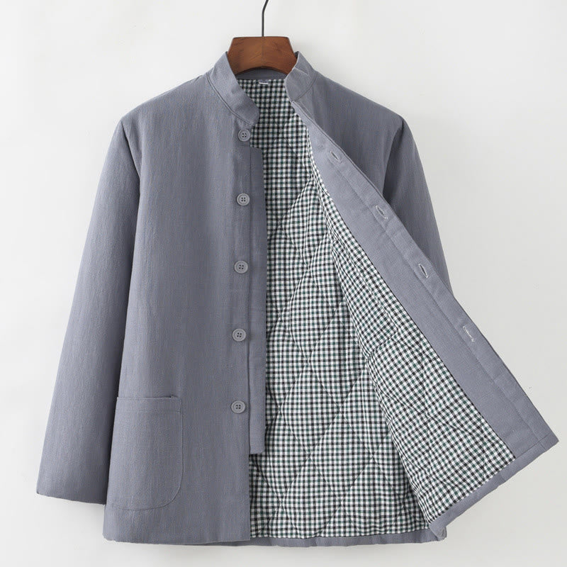Winter Men's Frog-Button Tang Suit Linen Cotton Fleece Lined Jacket Shirt With Pockets