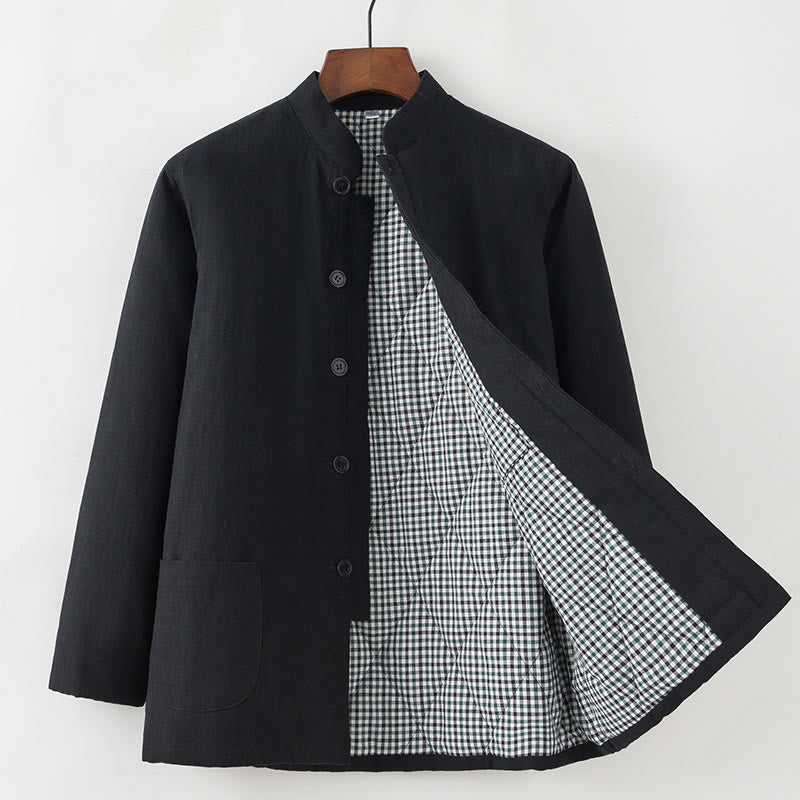 Winter Men's Frog-Button Tang Suit Linen Cotton Fleece Lined Jacket Shirt With Pockets