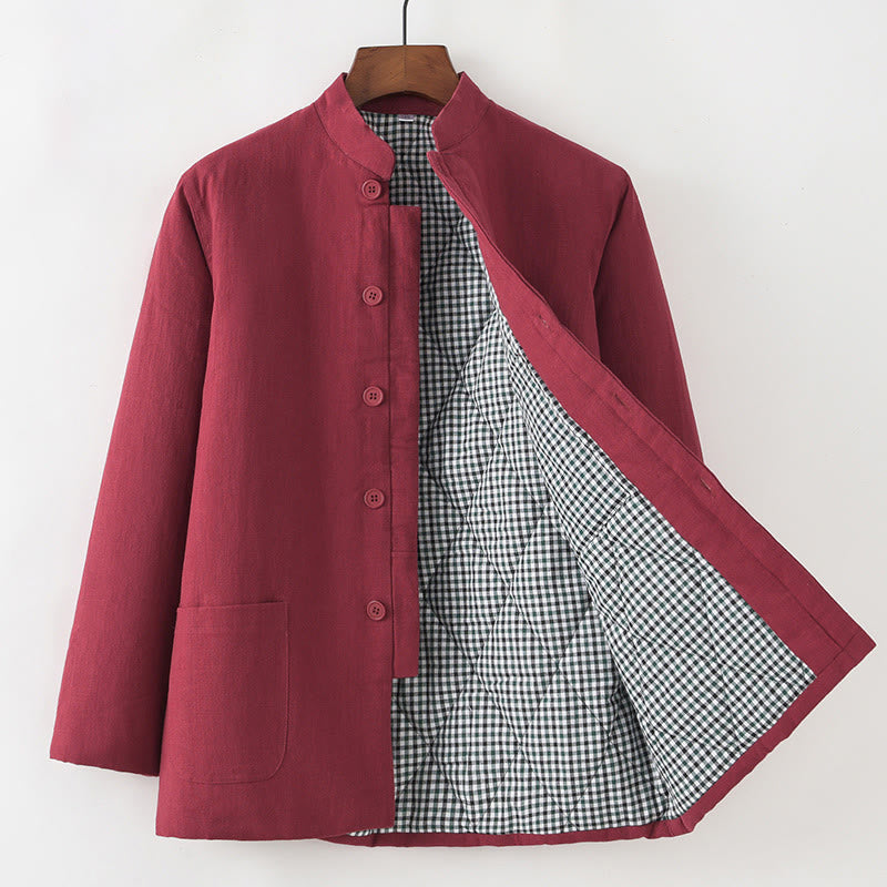 Winter Men's Frog-Button Tang Suit Linen Cotton Fleece Lined Jacket Shirt With Pockets