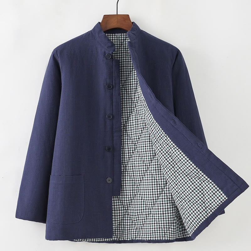 Winter Men's Frog-Button Tang Suit Linen Cotton Fleece Lined Jacket Shirt With Pockets