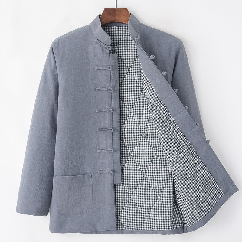 Winter Men's Frog-Button Tang Suit Linen Cotton Fleece Lined Jacket Shirt With Pockets