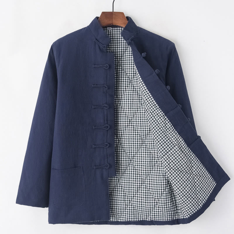 Winter Men's Frog-Button Tang Suit Linen Cotton Fleece Lined Jacket Shirt With Pockets