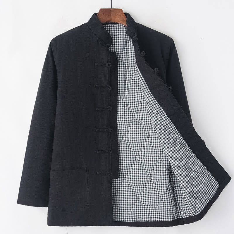 Winter Men's Frog-Button Tang Suit Linen Cotton Fleece Lined Jacket Shirt With Pockets