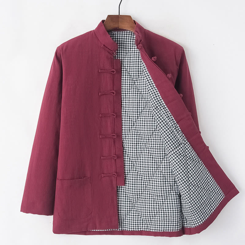 Winter Men's Frog-Button Tang Suit Linen Cotton Fleece Lined Jacket Shirt With Pockets