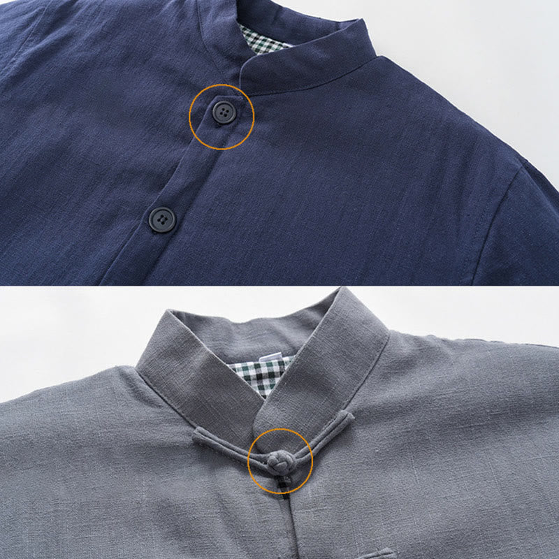Winter Men's Frog-Button Tang Suit Linen Cotton Fleece Lined Jacket Shirt With Pockets