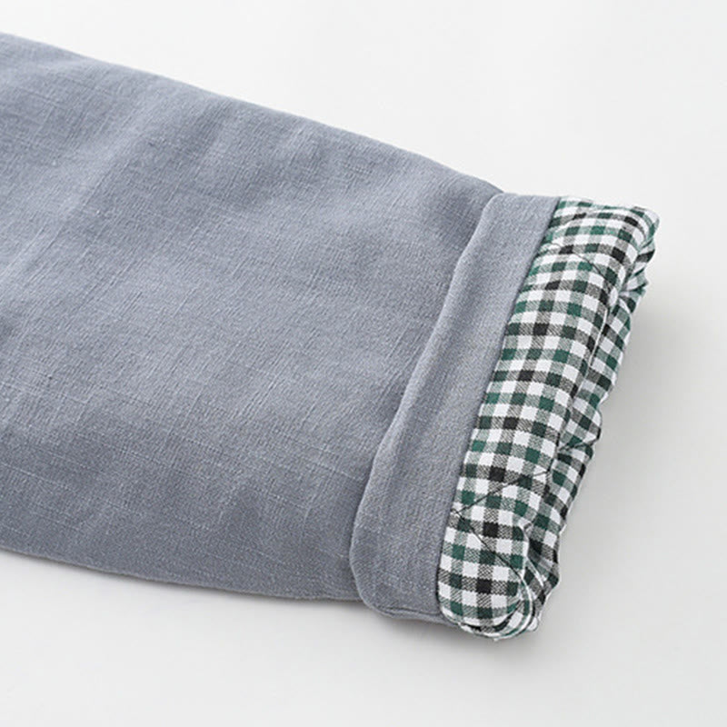 Winter Men's Frog-Button Tang Suit Linen Cotton Fleece Lined Jacket Shirt With Pockets