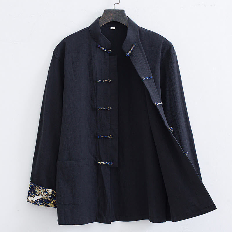 Men's Frog-Button Tang Suit Cotton White Crane Embroidery Jacket Shirt With Pockets