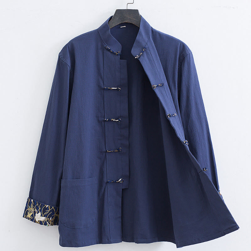 Men's Frog-Button Tang Suit Cotton White Crane Embroidery Jacket Shirt With Pockets