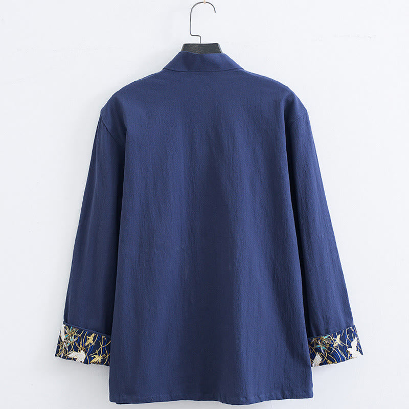 Men's Frog-Button Tang Suit Cotton White Crane Embroidery Jacket Shirt With Pockets