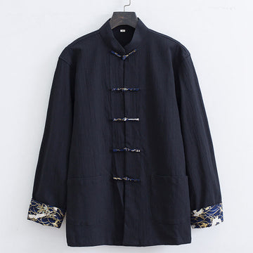 Men's Frog-Button Tang Suit Cotton White Crane Embroidery Jacket Shirt With Pockets