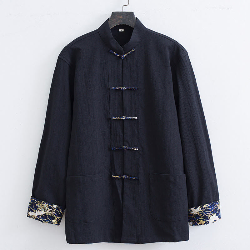 Men's Frog-Button Tang Suit Cotton White Crane Embroidery Jacket Shirt With Pockets