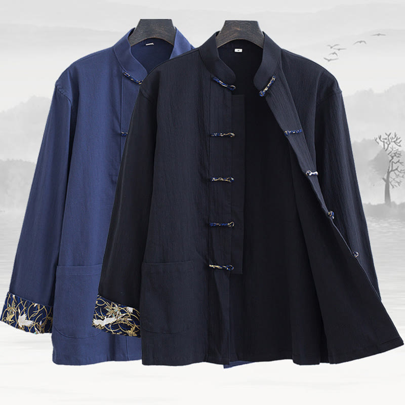 Men's Frog-Button Tang Suit Cotton White Crane Embroidery Jacket Shirt With Pockets