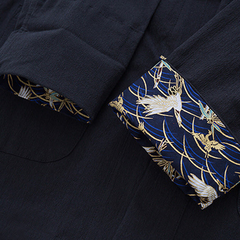 Men's Frog-Button Tang Suit Cotton White Crane Embroidery Jacket Shirt With Pockets