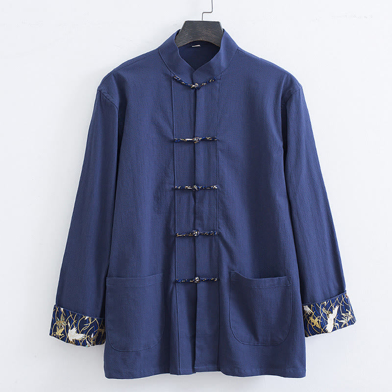 Men's Frog-Button Tang Suit Cotton White Crane Embroidery Jacket Shirt With Pockets