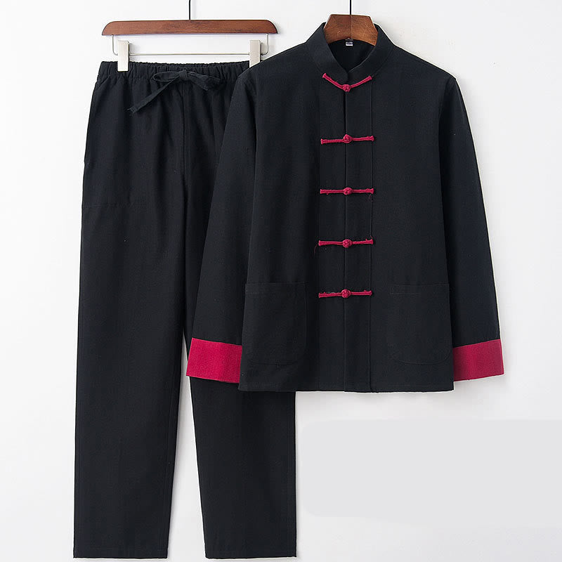2Pcs Fall Men's Tang Suit Frog-Button Cotton Long Sleeve Shirt Pants Set