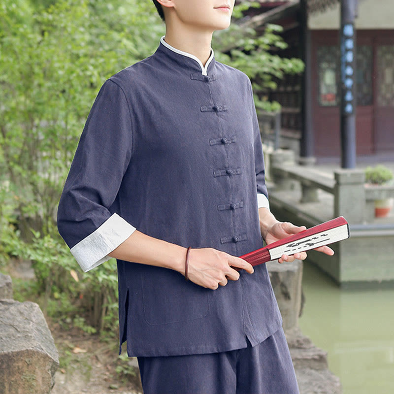 2Pcs Fall Men's Tang Suit Frog-Button Cotton Three Quarter Sleeve Shirt Pants Set