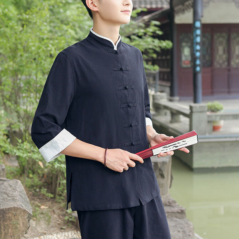 2Pcs Fall Men's Tang Suit Frog-Button Cotton Three Quarter Sleeve Shirt Pants Set