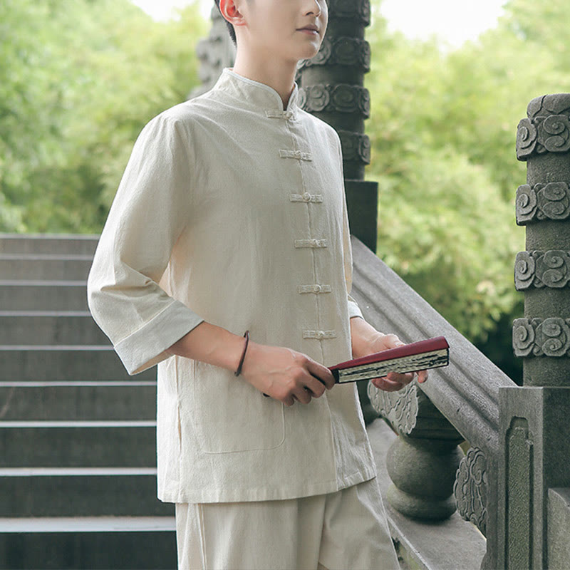 2Pcs Fall Men's Tang Suit Frog-Button Cotton Three Quarter Sleeve Shirt Pants Set