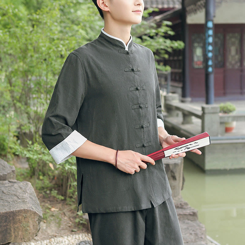 2Pcs Fall Men's Tang Suit Frog-Button Cotton Three Quarter Sleeve Shirt Pants Set