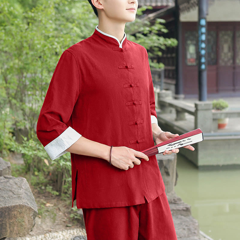 2Pcs Fall Men's Tang Suit Frog-Button Cotton Three Quarter Sleeve Shirt Pants Set