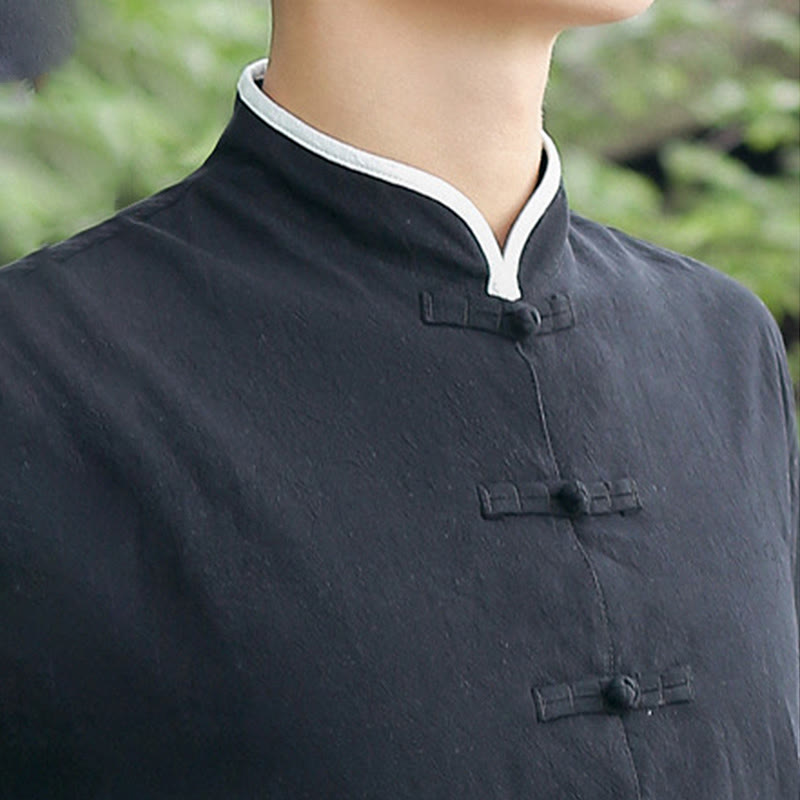 2Pcs Fall Men's Tang Suit Frog-Button Cotton Three Quarter Sleeve Shirt Pants Set