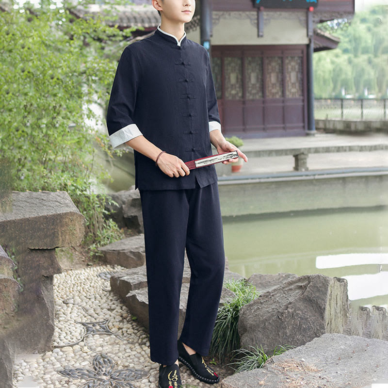 2Pcs Fall Men's Tang Suit Frog-Button Cotton Three Quarter Sleeve Shirt Pants Set