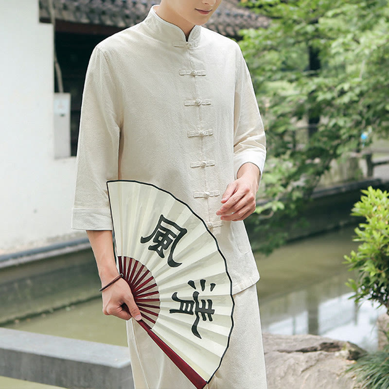 2Pcs Fall Men's Tang Suit Frog-Button Cotton Three Quarter Sleeve Shirt Pants Set