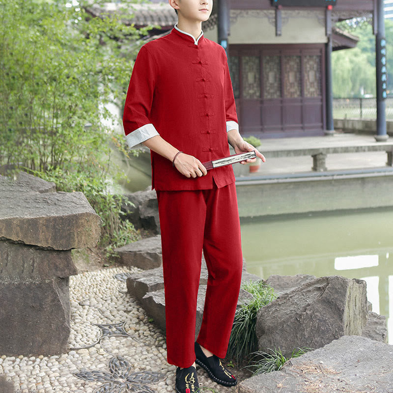 2Pcs Fall Men's Tang Suit Frog-Button Cotton Three Quarter Sleeve Shirt Pants Set