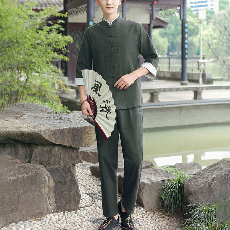 2Pcs Fall Men's Tang Suit Frog-Button Cotton Three Quarter Sleeve Shirt Pants Set