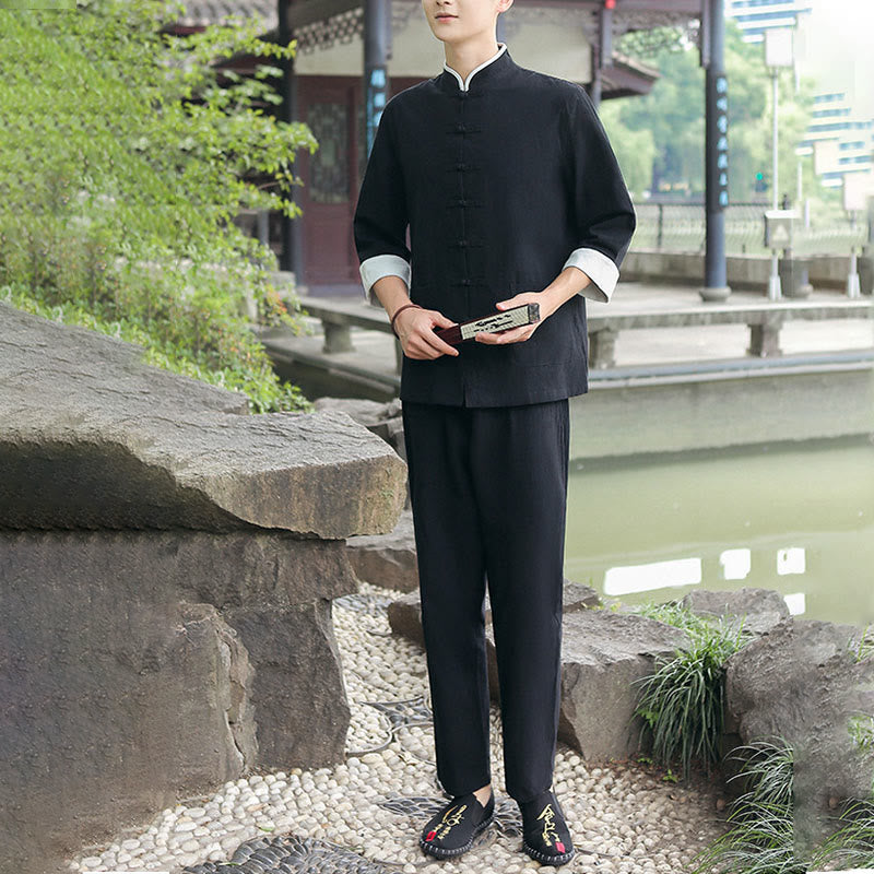 2Pcs Fall Men's Tang Suit Frog-Button Cotton Three Quarter Sleeve Shirt Pants Set