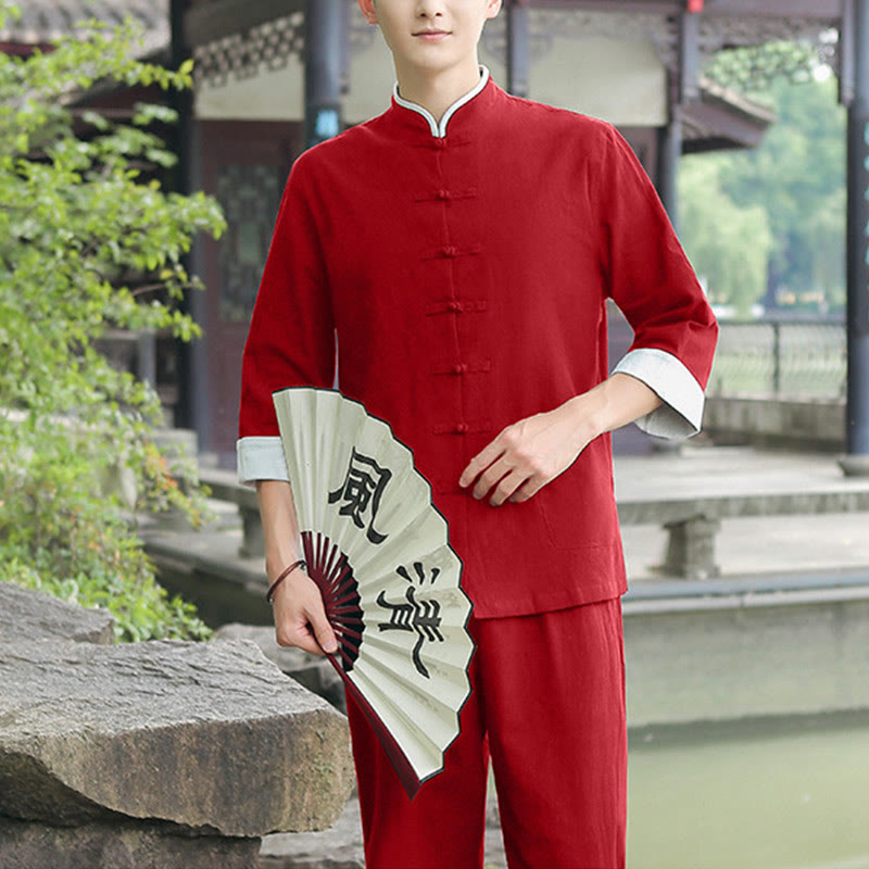 2Pcs Fall Men's Tang Suit Frog-Button Cotton Three Quarter Sleeve Shirt Pants Set