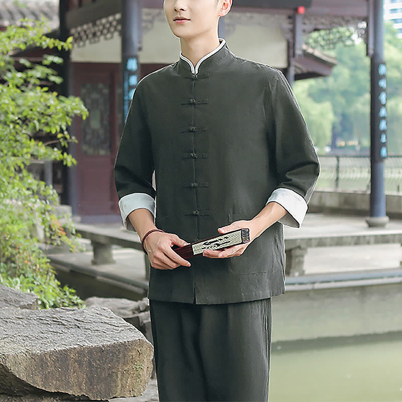 2Pcs Fall Men's Tang Suit Frog-Button Cotton Three Quarter Sleeve Shirt Pants Set