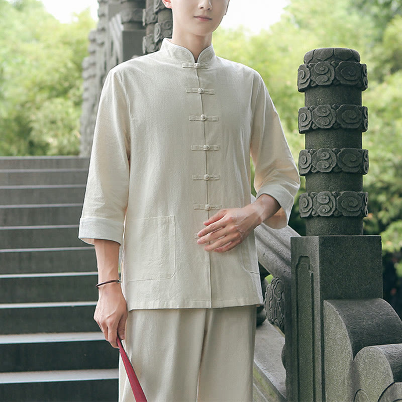 2Pcs Fall Men's Tang Suit Frog-Button Cotton Three Quarter Sleeve Shirt Pants Set