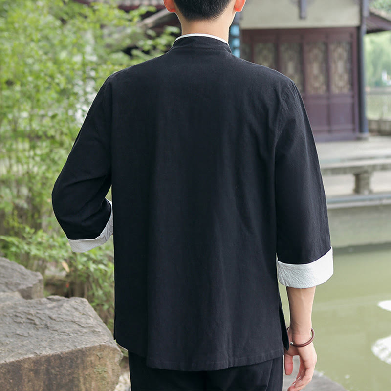 2Pcs Fall Men's Tang Suit Frog-Button Cotton Three Quarter Sleeve Shirt Pants Set