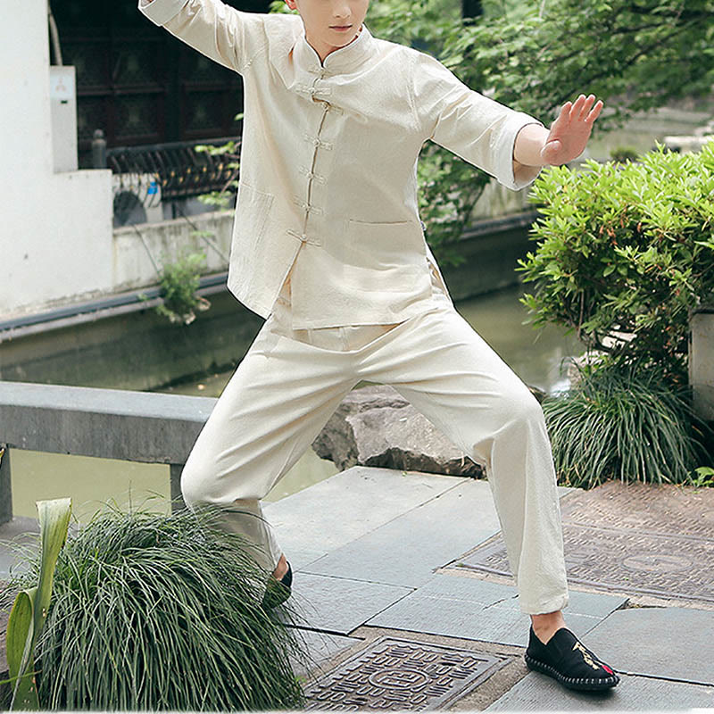 2Pcs Fall Men's Tang Suit Frog-Button Cotton Three Quarter Sleeve Shirt Pants Set