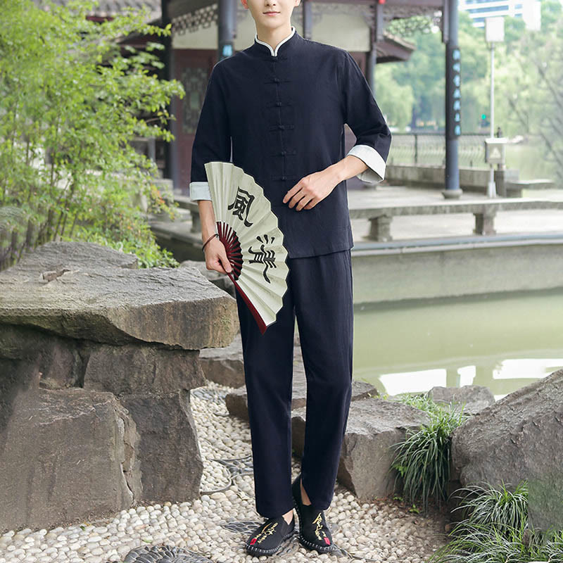2Pcs Fall Men's Tang Suit Frog-Button Cotton Three Quarter Sleeve Shirt Pants Set
