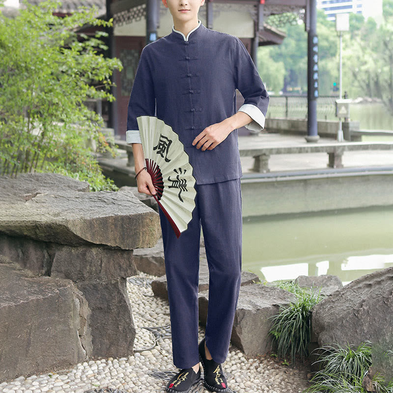 2Pcs Fall Men's Tang Suit Frog-Button Cotton Three Quarter Sleeve Shirt Pants Set