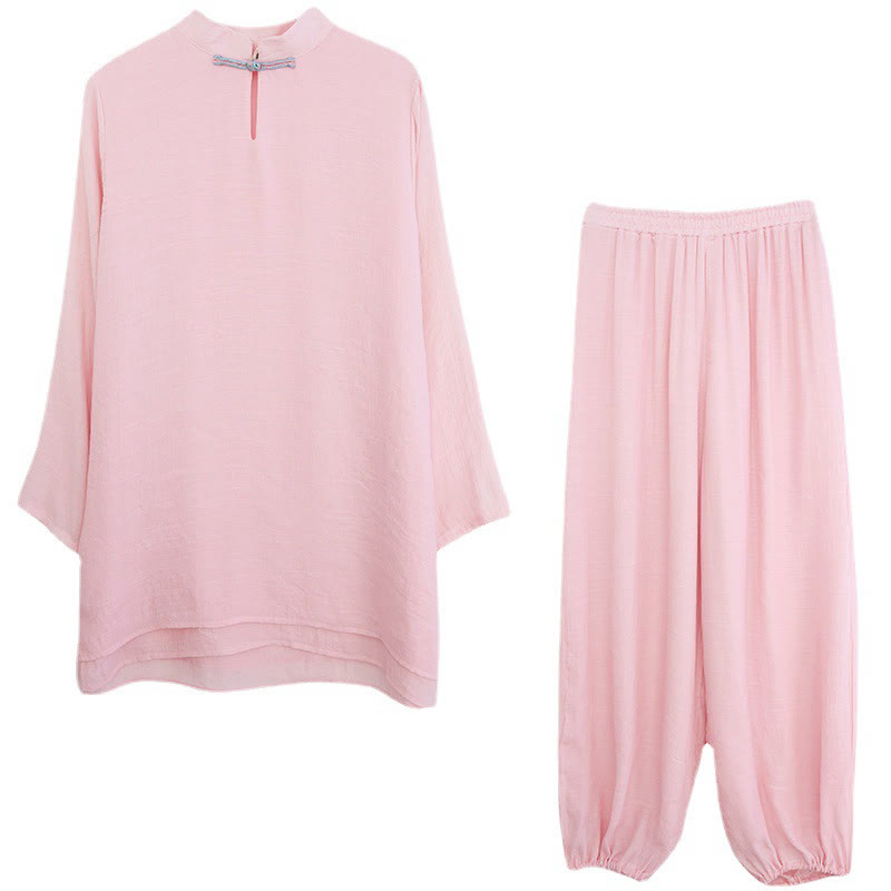 2Pcs Solid Women's Long Sleeve Shirt Pants Meditation Clothing Set