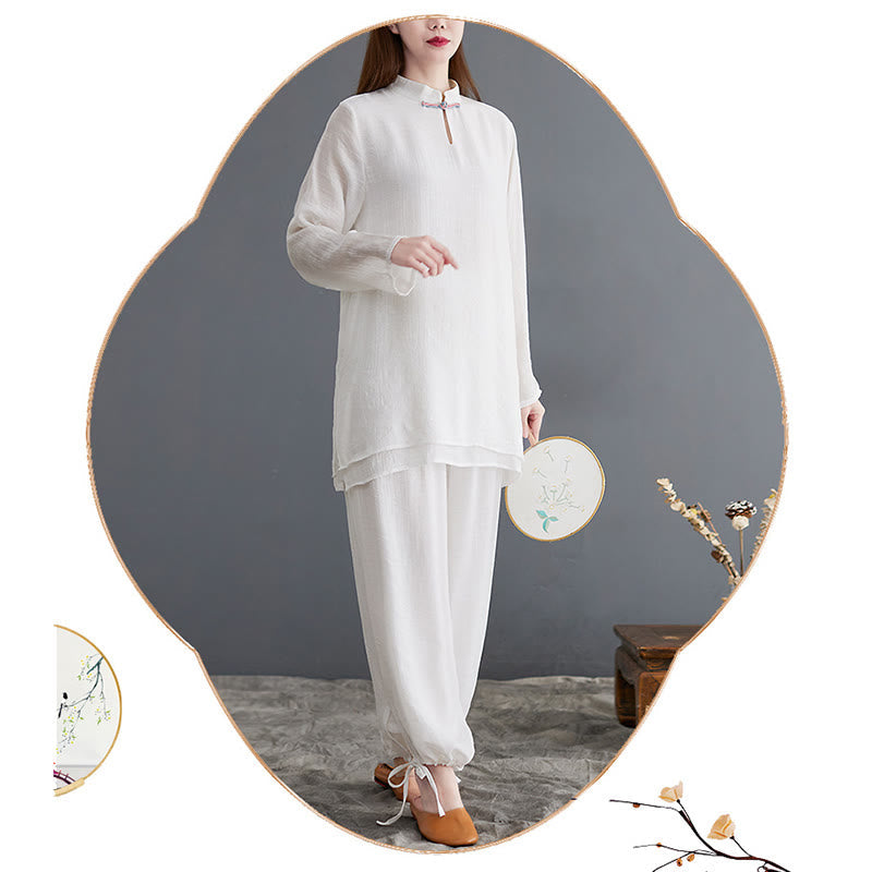 2Pcs Solid Women's Long Sleeve Shirt Pants Meditation Clothing Set
