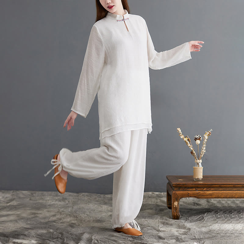 2Pcs Solid Women's Long Sleeve Shirt Pants Meditation Clothing Set