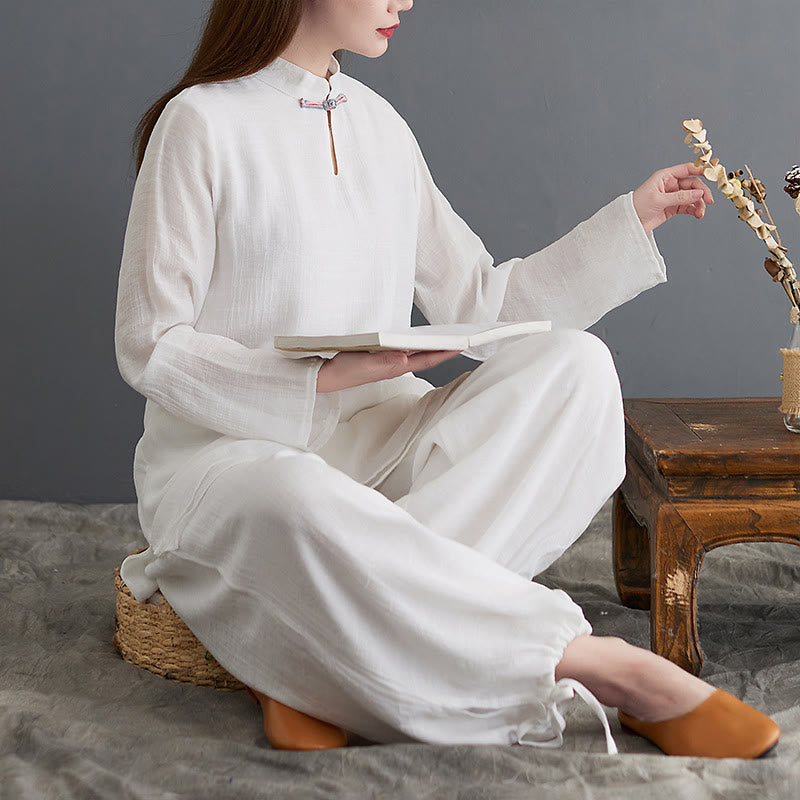 2Pcs Solid Women's Long Sleeve Shirt Pants Meditation Clothing Set