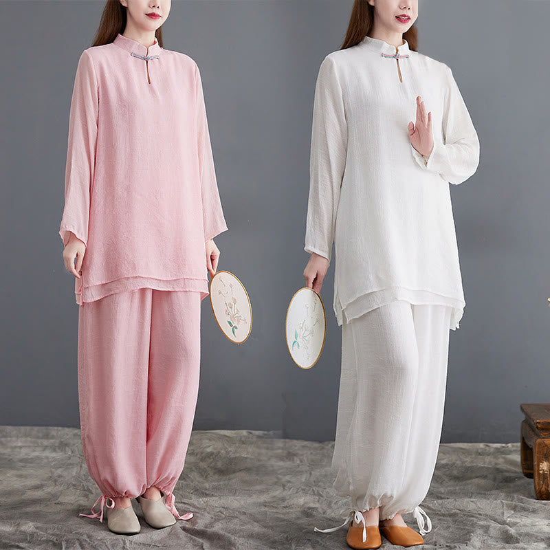 2Pcs Solid Women's Long Sleeve Shirt Pants Meditation Clothing Set