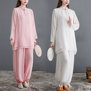 2Pcs Solid Women's Long Sleeve Shirt Pants Meditation Clothing Set