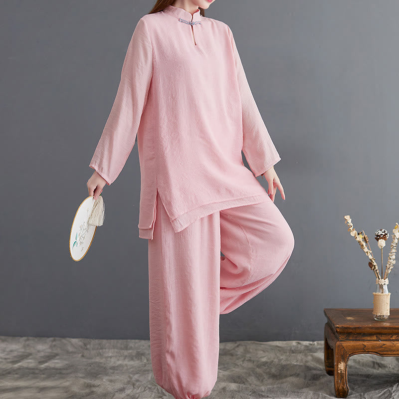 2Pcs Solid Women's Long Sleeve Shirt Pants Meditation Clothing Set