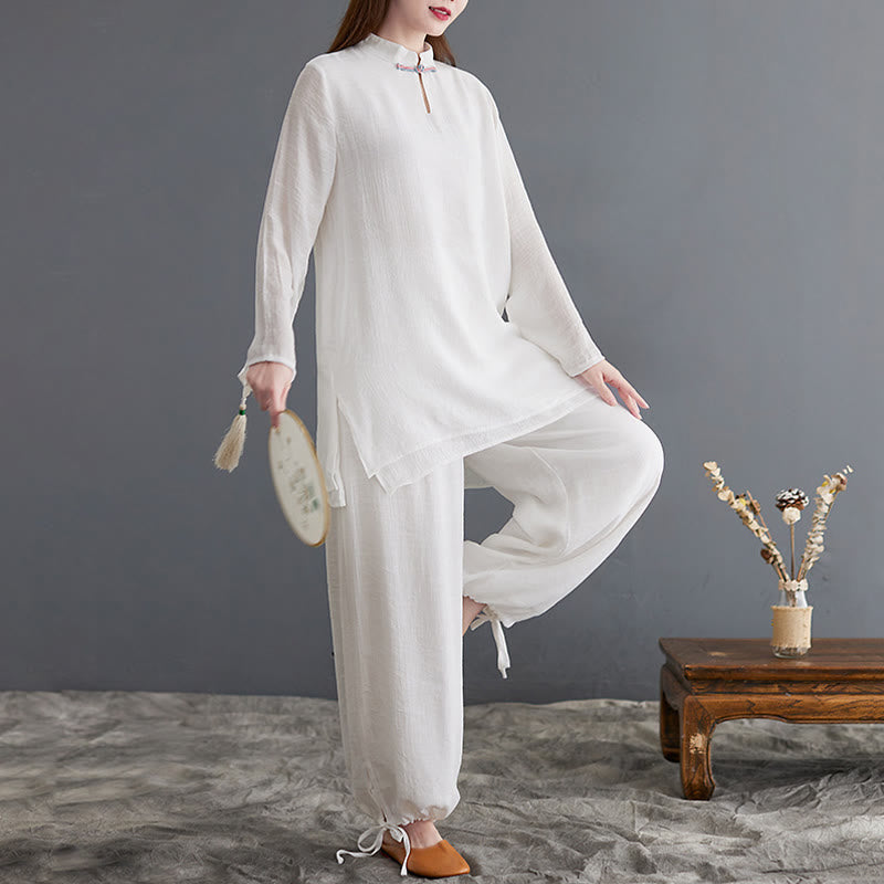 2Pcs Solid Women's Long Sleeve Shirt Pants Meditation Clothing Set