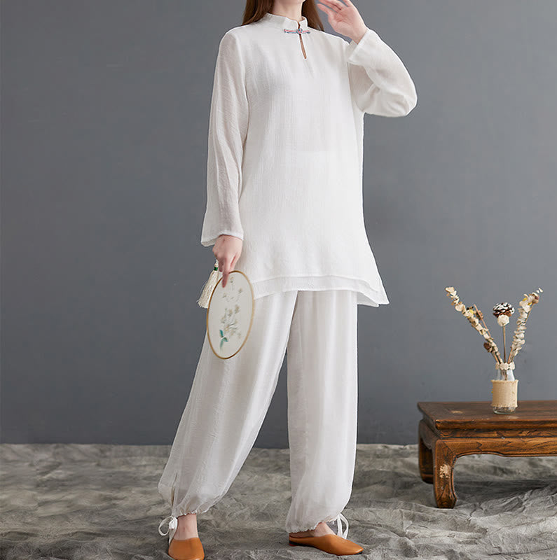 2Pcs Solid Women's Long Sleeve Shirt Pants Meditation Clothing Set