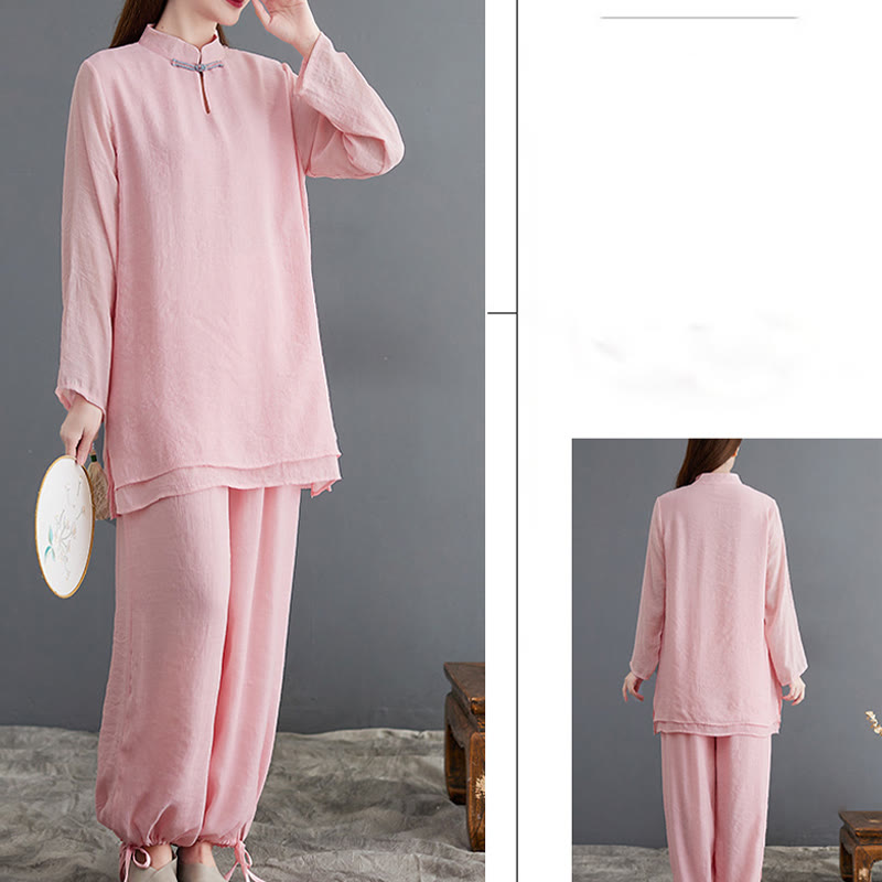 2Pcs Solid Women's Long Sleeve Shirt Pants Meditation Clothing Set